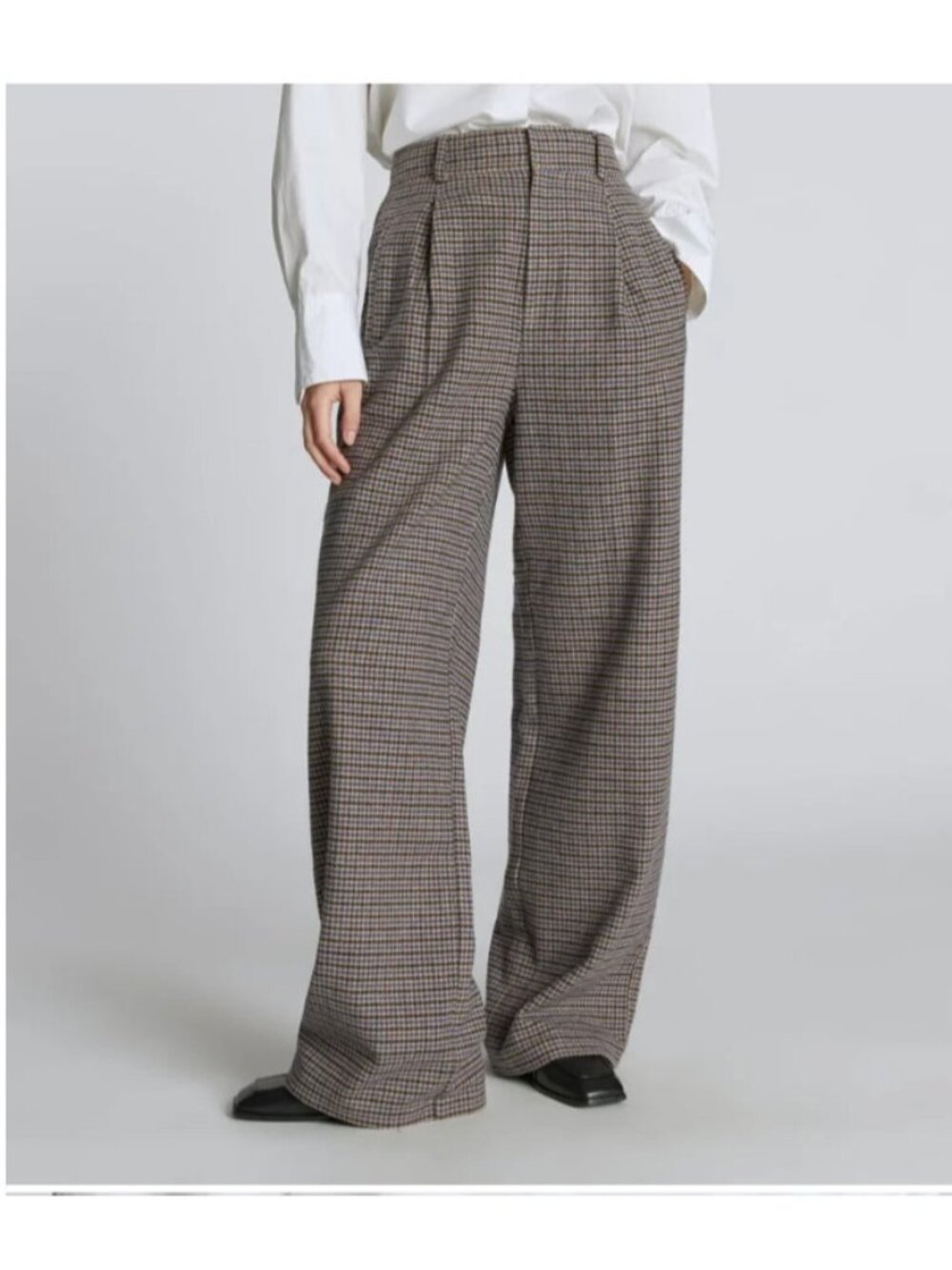 EVERLANE ReWool Way-High Drape Slouchy Pant Sz 4 Tan Blue Houndstooth Academia